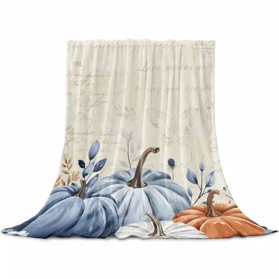 Blue Pumpkins Autumn Leaves Blanket: Vintage Blue Pumpkin Print