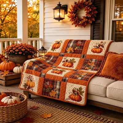 Fall Pumpkin Patchwork Plaid Blanket: Vintage Harvest Quilt Design