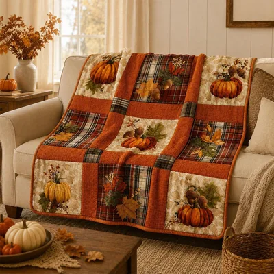 Vintage Patchwork Pumpkin Maple Blanket: Autumn Harvest Quilt Design