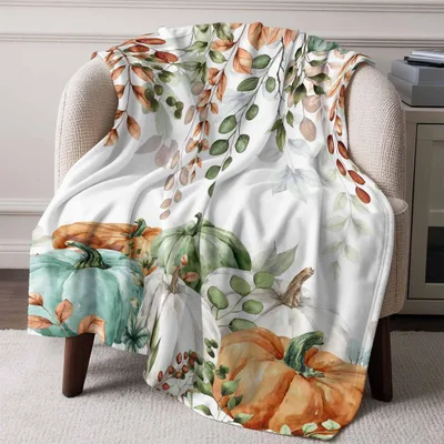 Watercolor Pumpkins and Leaves Blanket for Cozy Fall Decor