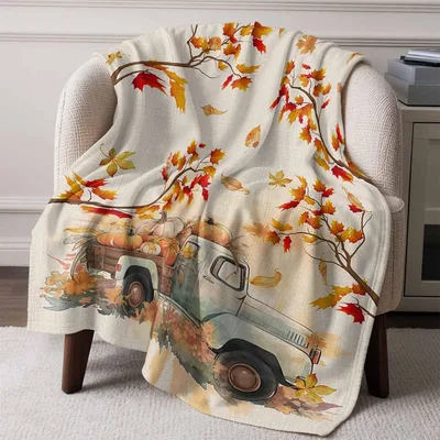 Vintage Truck with Maple Blanket: Rustic Fall Artwork for Cozy Seasons