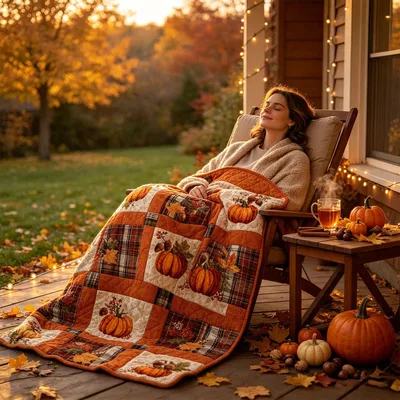 Fall Patchwork Plaid Pumpkin Print Blanket: Cozy Autumn Quilt Design