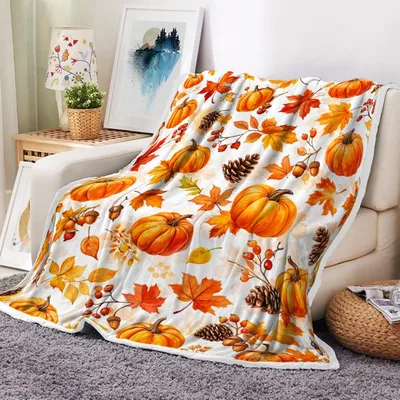 Fall Pumpkin Maple Leaf Blanket featuring vibrant orange pumpkins