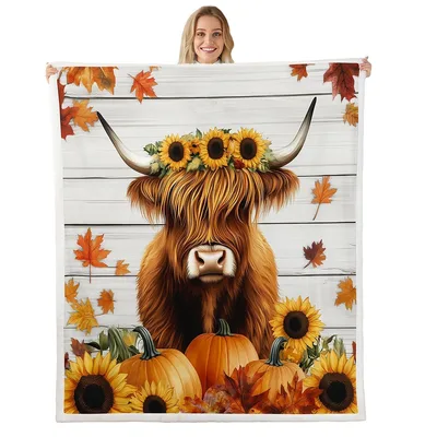 Fall Highland Cow Sunflowers Blanket featuring a fluffy bovine