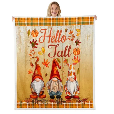 Hello Fall Gnomes Blanket: Three Gnomes and Autumn Leaves Design