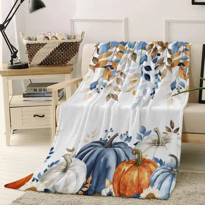 Pumpkins and Eucalyptus Leaves Blanket: Watercolor Fall Harvest Design