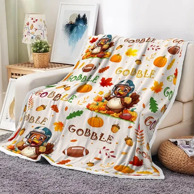 Gobble Bear and Pumpkin Blanket: Football Turkey Thanksgiving Throw
