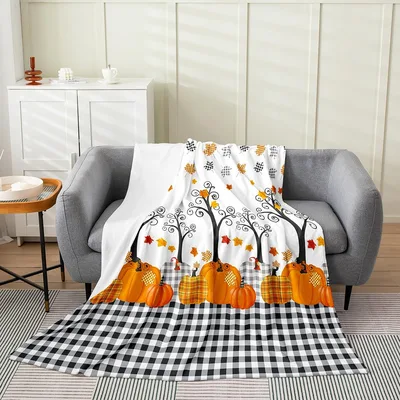 Pumpkin Harvest Autumn Plaid Blanket: Fall Trees and Gingham Design