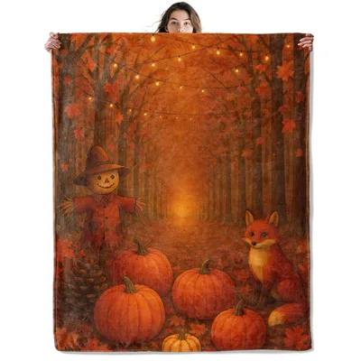Autumn Pumpkin Forest Blanket featuring a red fox scarecrow