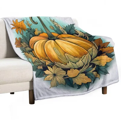 Big Pumpkin with Leaves Blanket: Harvest Illustration for Fall