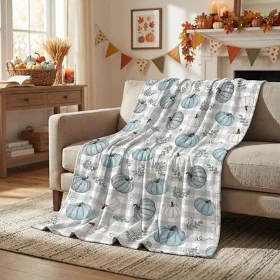 Fall Blue Pumpkin Plaid Blanket: Cozy Fall Harvest Design