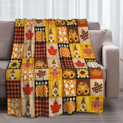 Fall Patchwork Gnomes Blanket: Cozy Autumn Gnome and Pumpkin Design
