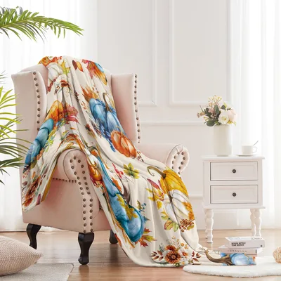 Watercolor Autumn Leaves Blanket: Rustic Pumpkin and Leaf Art Design