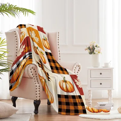 Autumn Pumpkin Maple Patchwork Blanket for Cozy Fall Decor