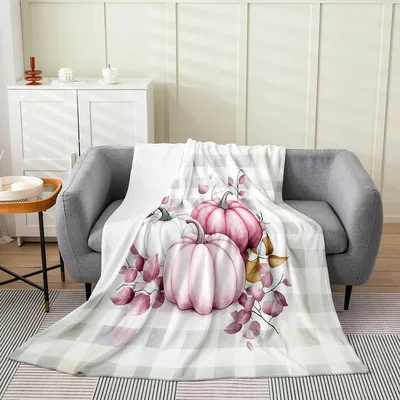Pink Pumpkins on Plaid Blanket: Watercolor Fall Decor with Pink Leaves