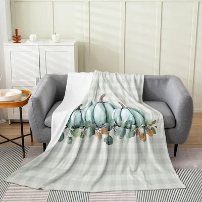 Pumpkins with String Lights Blanket featuring teal watercolor pumpkins