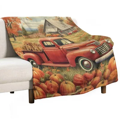Vintage Red Truck Pumpkin Blanket: Rustic Farm Scene for Fall