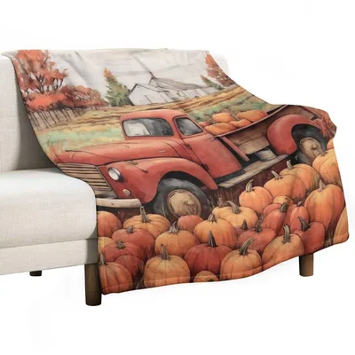 Vintage Red Truck Pumpkin Patch Blanket: Rustic Harvest Art