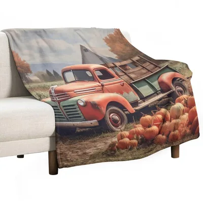 Vintage Red Truck Pumpkin Blanket: Rustic Farm Scene