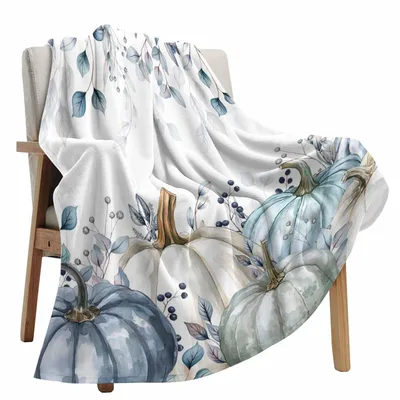 Blue Watercolor Pumpkins Pattern Blanket for Autumn Decor