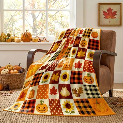 Fall Pumpkin Patchwork Squares Blanket: Autumn Harvest Quilt Design
