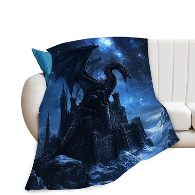 Dragon Fantasy Castle Blanket: Dark Dragon Perched on Gothic Spires