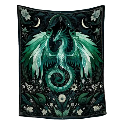 Green Dragon Blanket: Winged Emerald Creature Fantasy Art