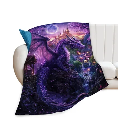 Purple Dragon Over Fantasy Blanket