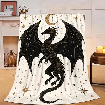 Dragon Celestial Stars Blanket: Black Dragon and Gold Moon Design