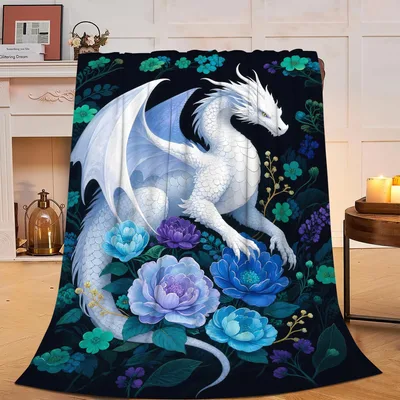 Dragon Floral Fantasy Blanket: White Dragon Amidst Blue Flowers