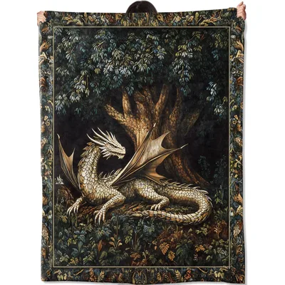 Medieval Tapestry Blanket Dragon and Ancient Tree Design