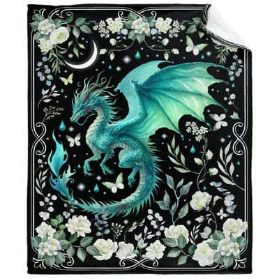 Teal Dragon Under Moon Blanket: Fantasy Art with Floral Border