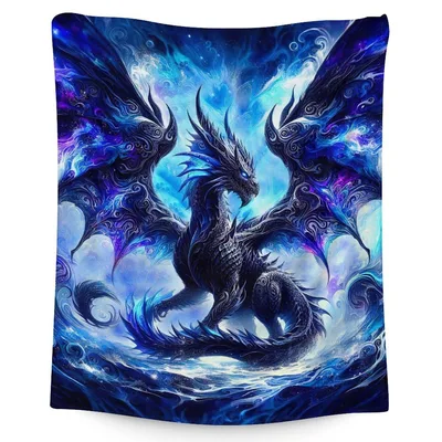 Dark Dragon in Blue Blanket: A Fantasy Art Throw for Kids