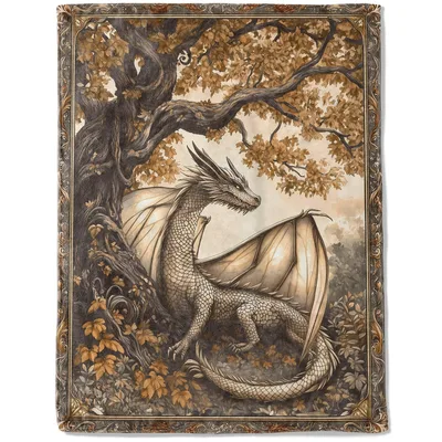 Autumn Dragon Under Oak Blanket: Fantasy Art for Cozy Days
