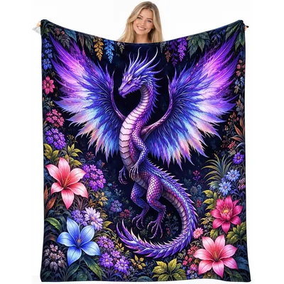 Purple Dragon Fantasy Blanket: Winged Serpent in Floral Garden