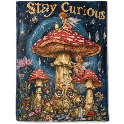 Fairy Mushroom Fantasy Blanket featuring Stay Curious text