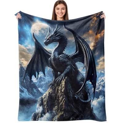Black Dragon Fantasy Blanket: Mythical Creature on Moonlit Peak