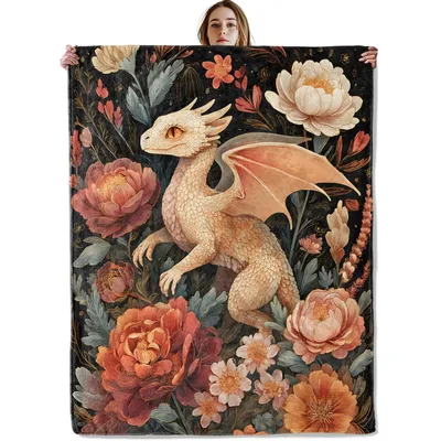 Dragon Floral Blanket: A Vintage Dragon Amidst Roses and Peonies