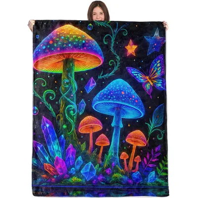 Neon Mushroom Fantasy Forest Blanket Glowing Mushrooms and Crystals