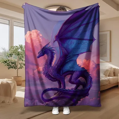 Purple Dragon Fantasy Art Blanket: Winged Creature in Purple Sky