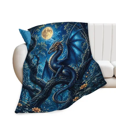 Fantasy Dragon Moon Blanket: Blue Scaled Beast on Twisted Branches