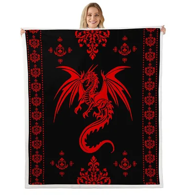 Red Dragon Gothic Damask Blanket: Bold Red Dragon on Black Background