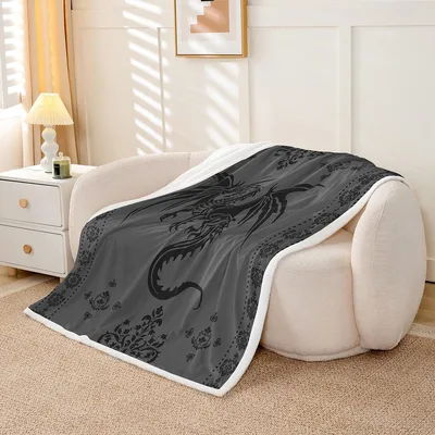 Dragon Silhouette Design Blanket Gothic Floral Fantasy Throw