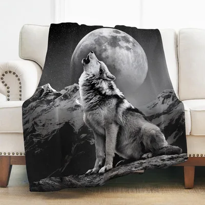 Howling Wolf Under Full Blanket: Monochrome Moon and Mountain Art