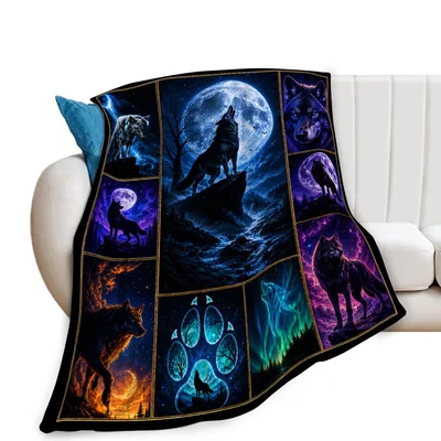 Wolf Under Full Moon Collage Blanket: A Mystical Night Scene