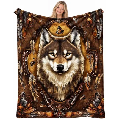 Wolf Ornate Fantasy Art Blanket: Detailed Wolf Portrait with Feathers