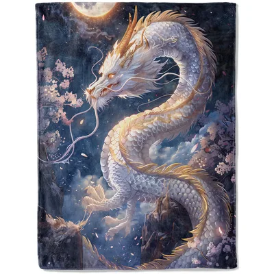 Dragon and Cherry Blossom Blanket: Mystical White Dragon Design
