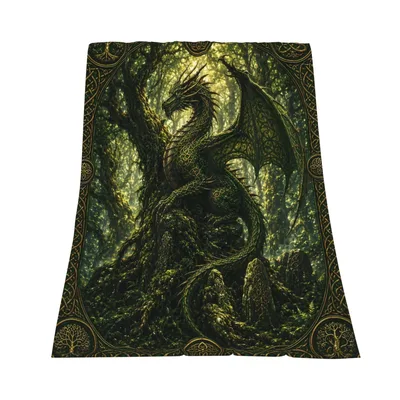 Forest Green Throw Blanket: Dragon In Forest Fantasy Design