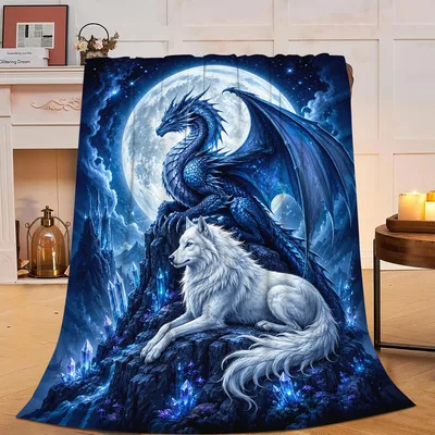 Dragon and Wolf Under Blanket: Moonlit Fantasy Art for Sleep