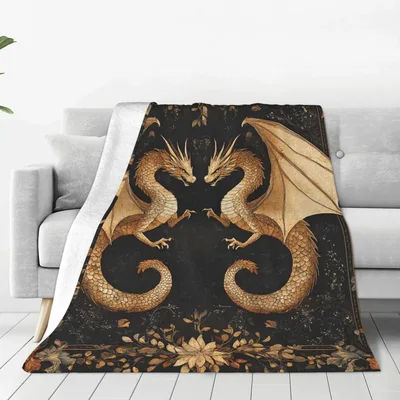 Two Golden Dragons Blanket featuring symmetrical mythical beasts